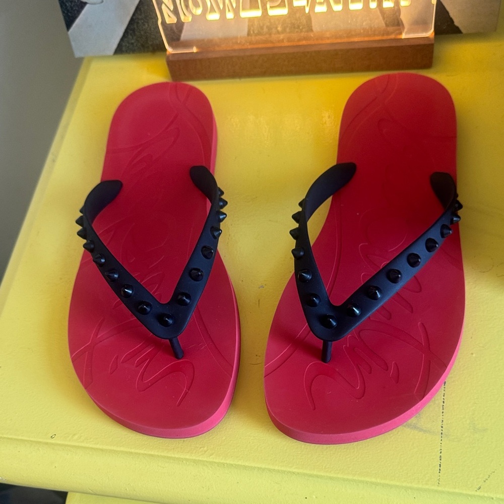 Christian Louboutin Red Studded Flip-Flop Sandals - Women's